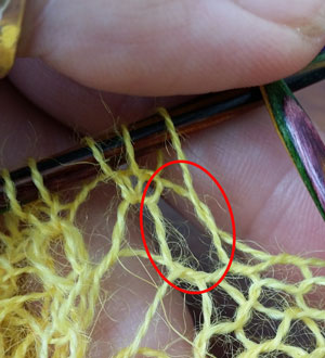 The yarn over stitch is circled in red.